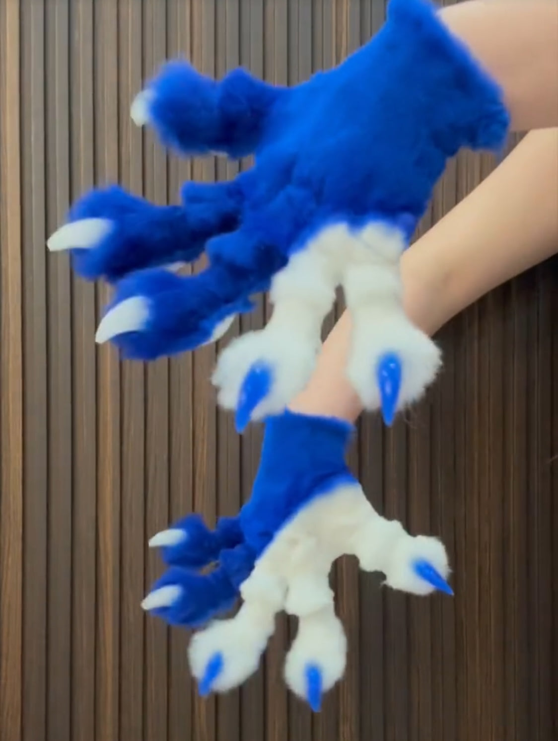 Blue and white two-tone fursuit paws, customizable colors, furry gloves