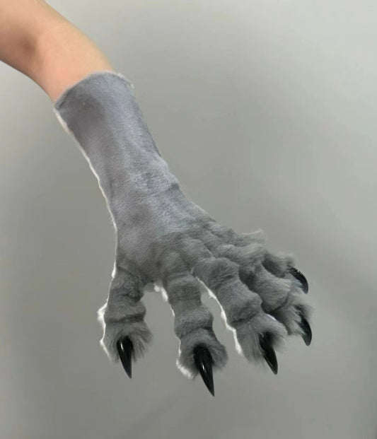 Realistic paws Black and white elastic claws Wolf claw gloves Two-tone fur fabric Black nails Black pads fursuit