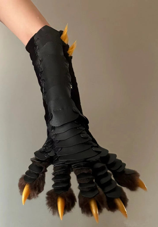 Black leather Bird claw gloves Dragon claw gloves  Golden nails  customizable