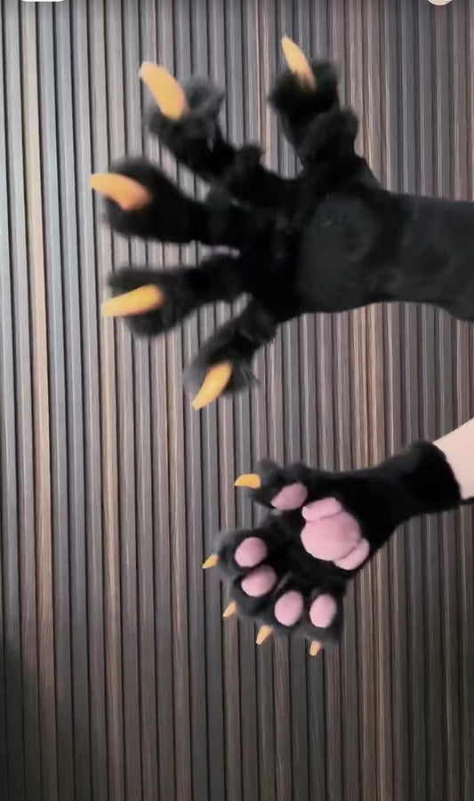 Realistic paws, black-gray fur fabric, pink paw pad, Golden nails,customizable fursuit