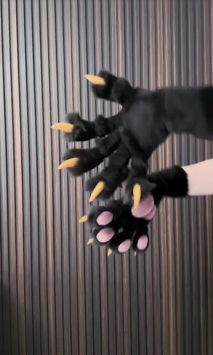 Realistic paws, black-gray fur fabric, pink paw pad, Golden nails,customizable fursuit