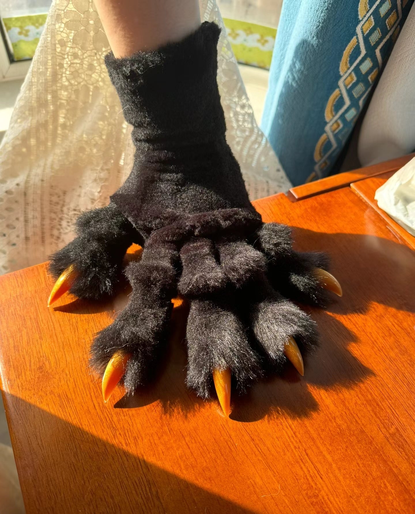 Realistic paws, black-gray fur fabric, pink paw pad, Golden nails,customizable fursuit