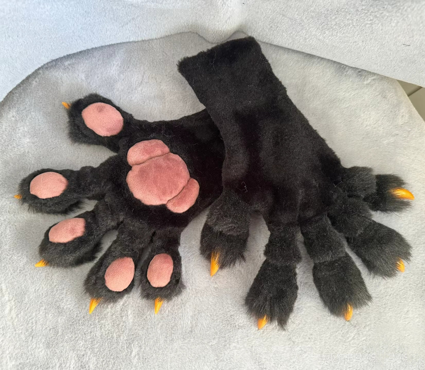 Realistic paws, black-gray fur fabric, pink paw pad, Golden nails,customizable fursuit