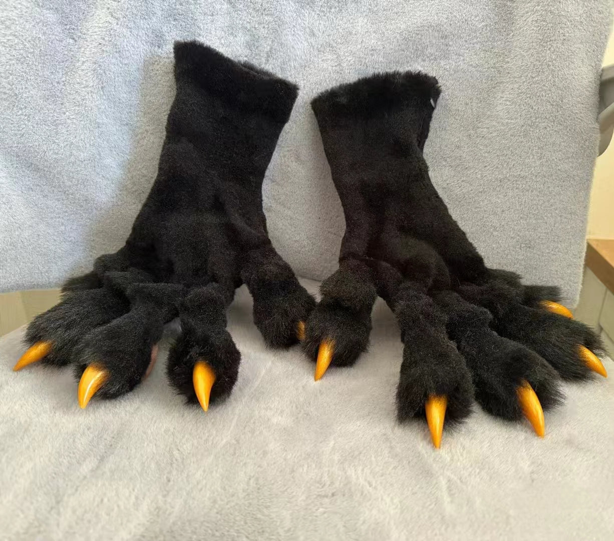 Realistic paws, black-gray fur fabric, pink paw pad, Golden nails,customizable fursuit