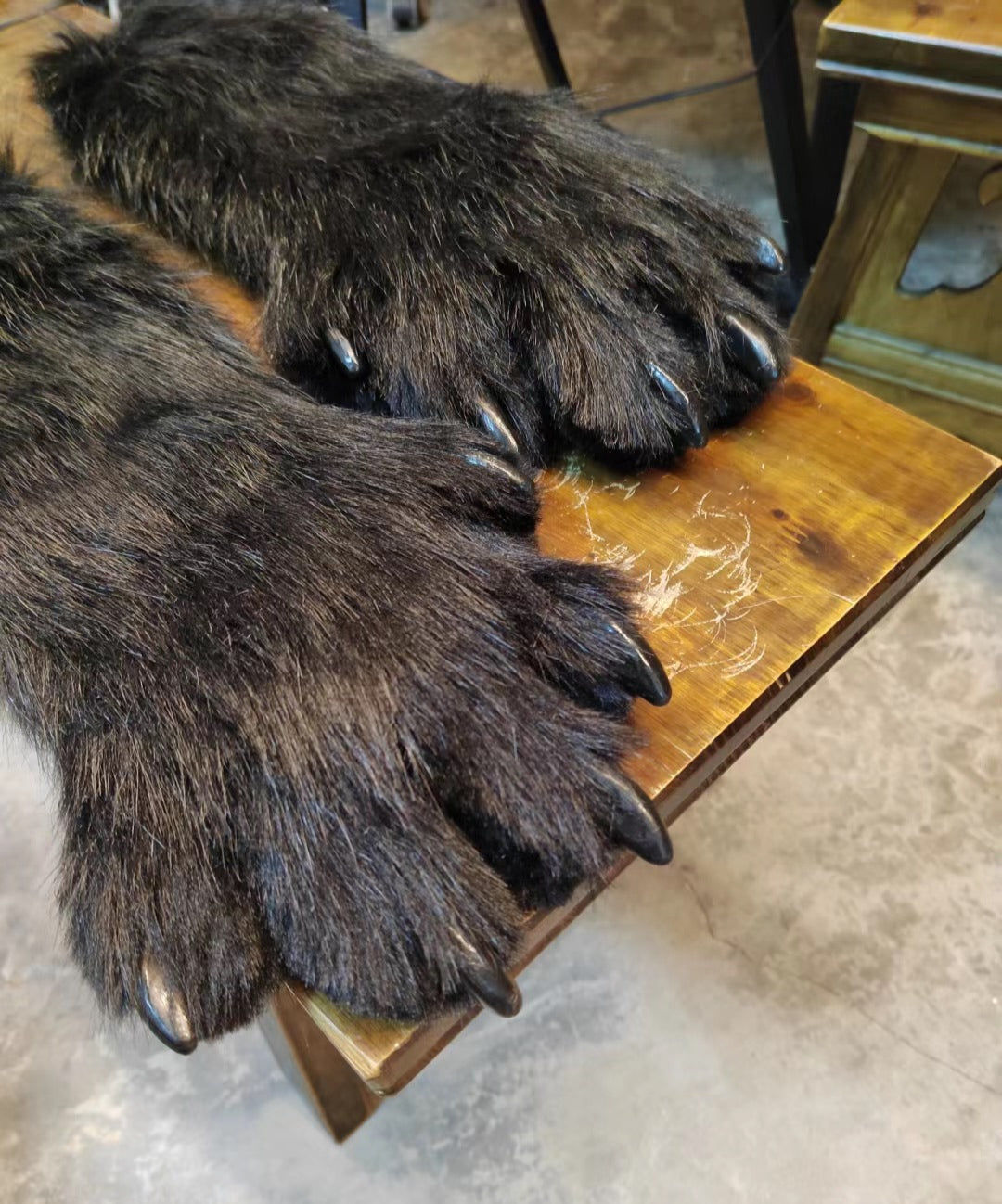 Large black dog paws, fursuit, custom, furry, realistic paws, black fur fabric, black claws