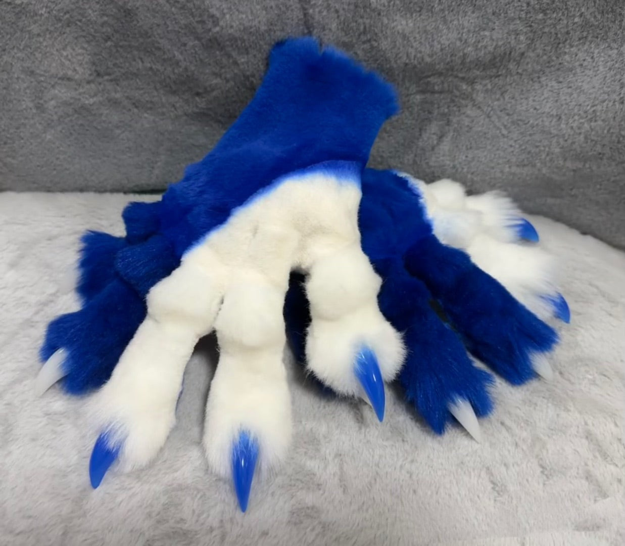 Blue and white two-tone fursuit paws, customizable colors, furry gloves