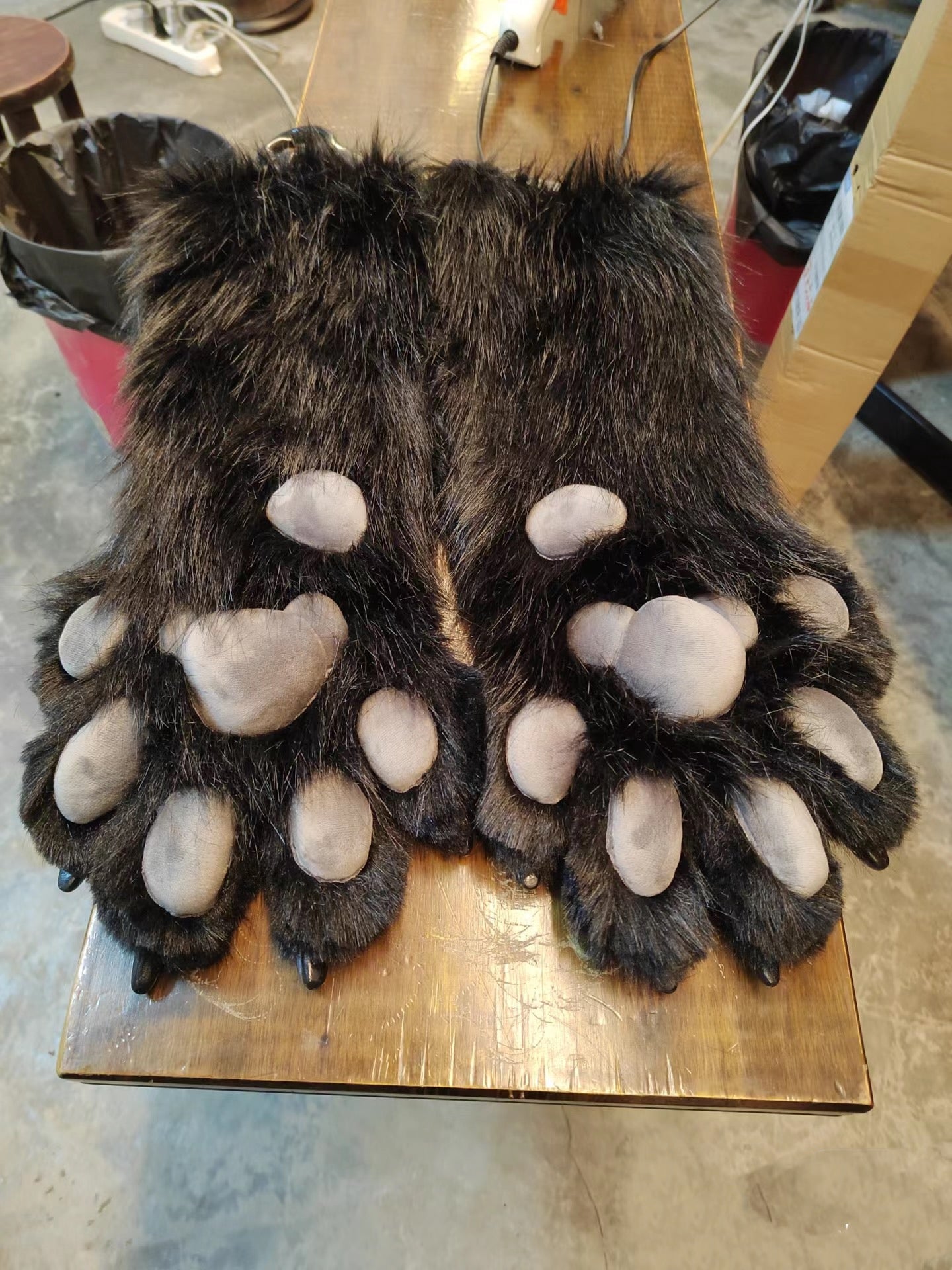 Large black dog paws, fursuit, custom, furry, realistic paws, black fur fabric, black claws