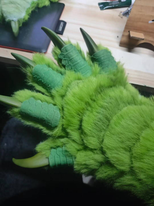 Two-tone green leather and plush spliced dragon claws fursuit paws available for custom orders