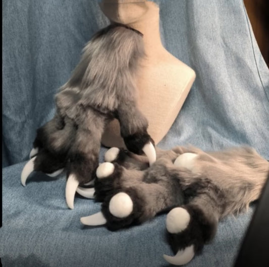 Realistic, large gray wolf claw gloves with white nails, customization available, fursuit