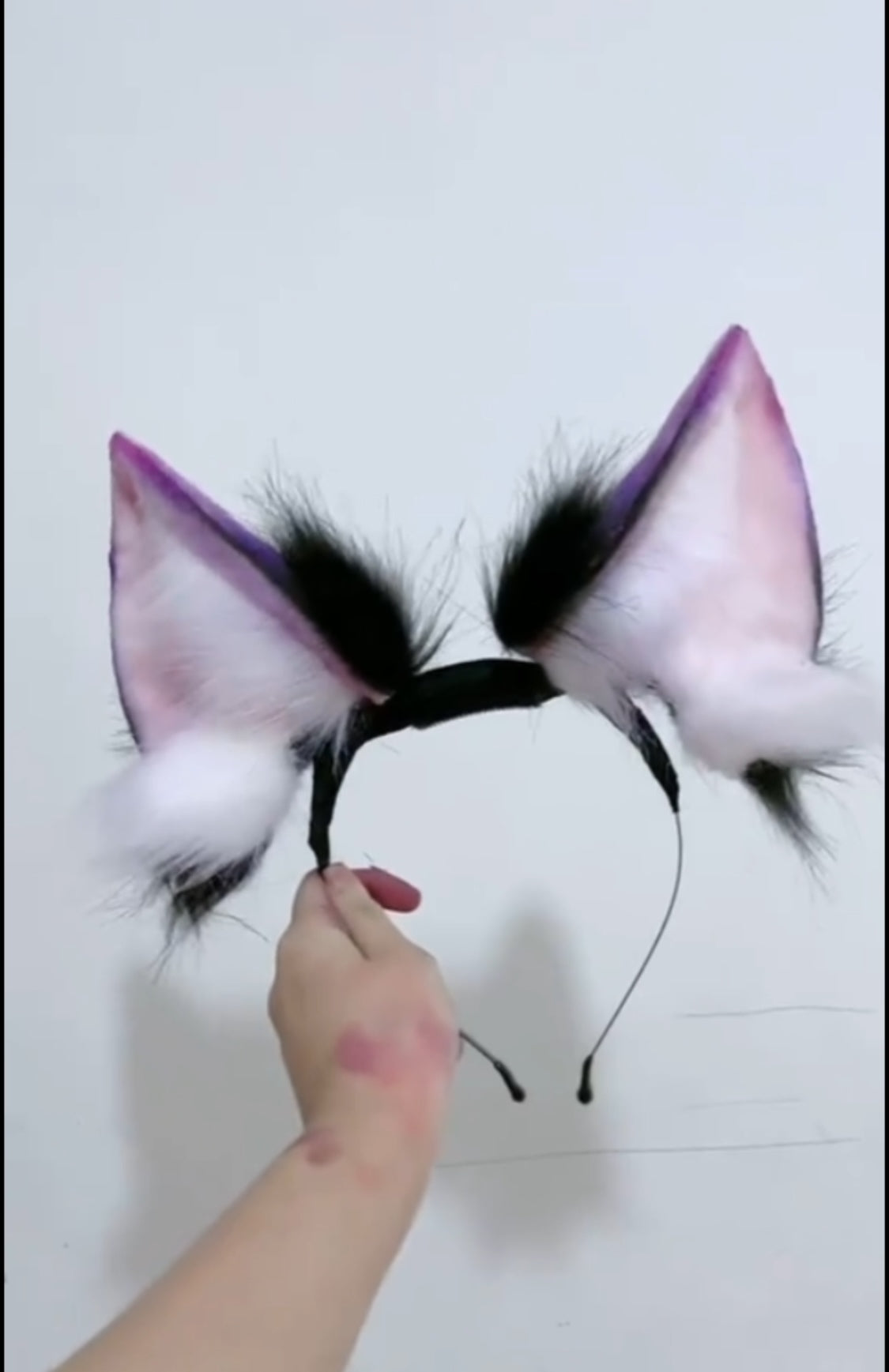 outer ear black, inner ear white and purple. Electric fursuit ears, customizations accepted