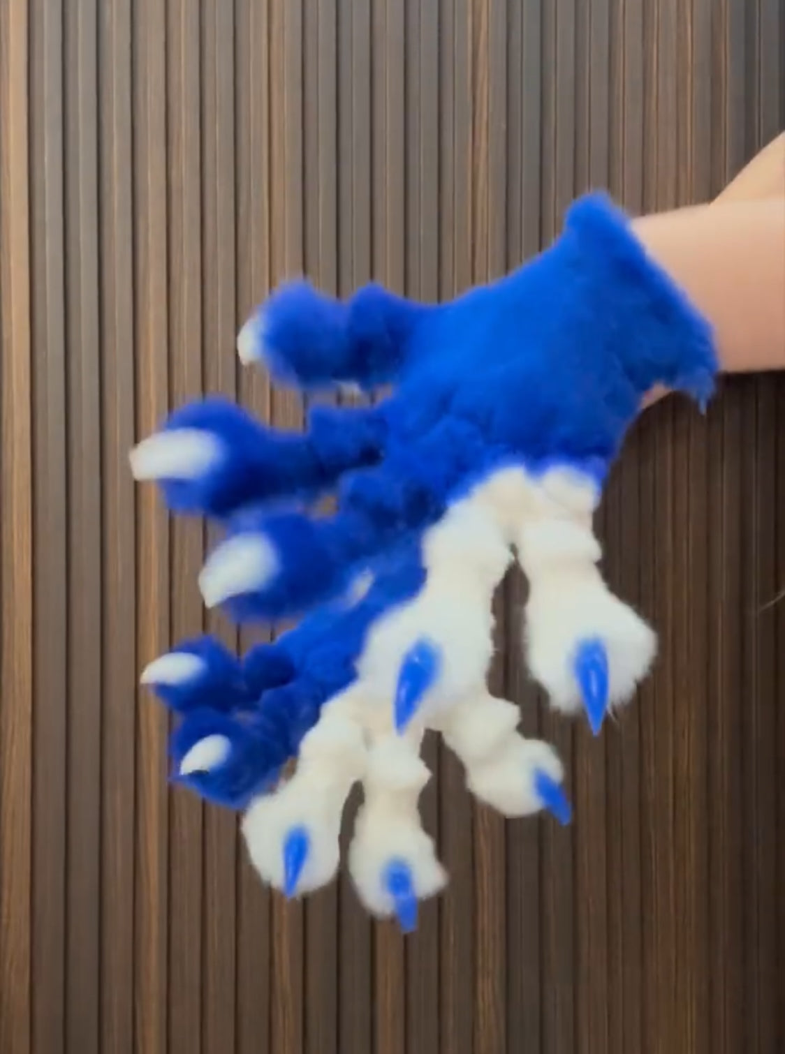 Blue and white two-tone fursuit paws, customizable colors, furry gloves