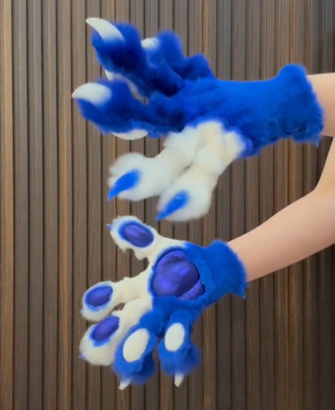 Blue and white two-tone fursuit paws, customizable colors, furry gloves