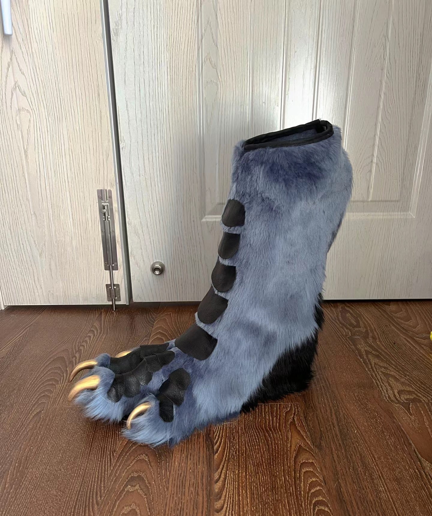 Blue-gray fur fabric, leather paws, custom furry fursuit, realistic fursuit