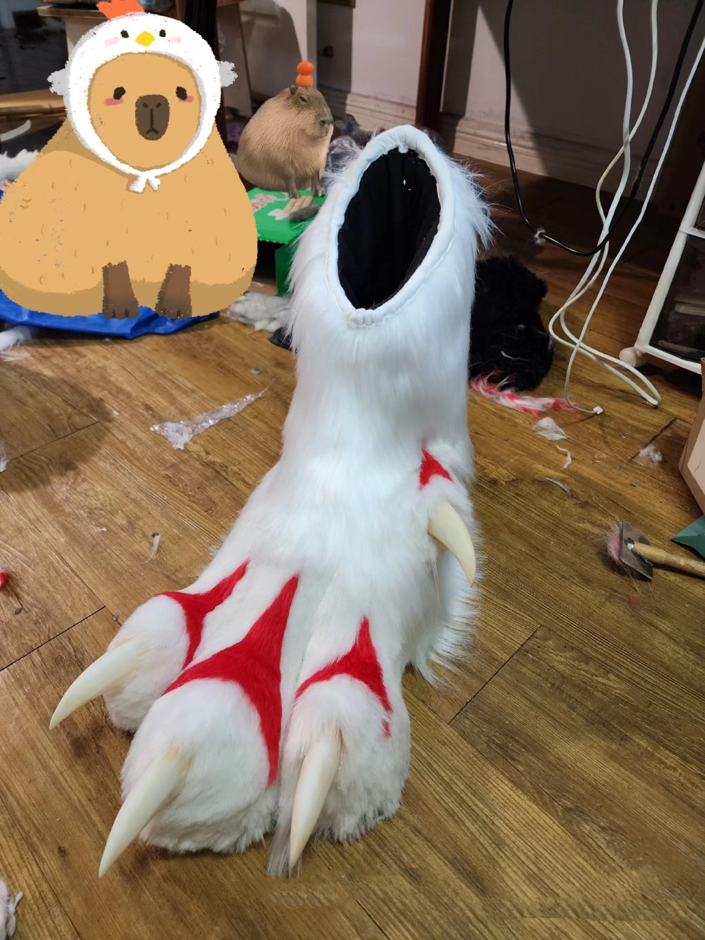 white and red claws and white nails fursuit pawshoes available for custom orders