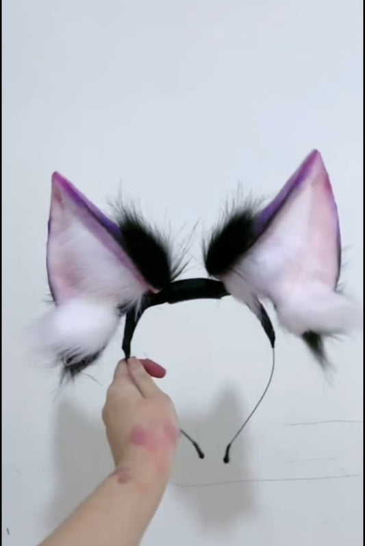 outer ear black, inner ear white and purple. Electric fursuit ears, customizations accepted