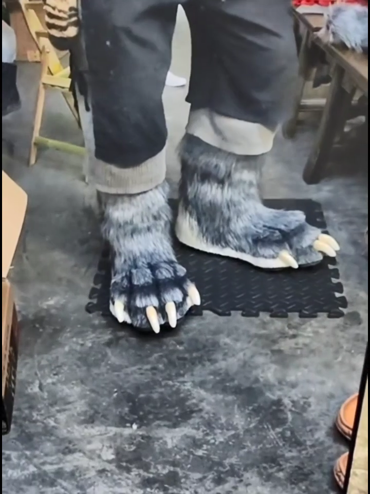 Realistic gray wolf paw feet, flat paw design, fursuit, furry, with white claws and white paw pads. Can be customized in different colors.