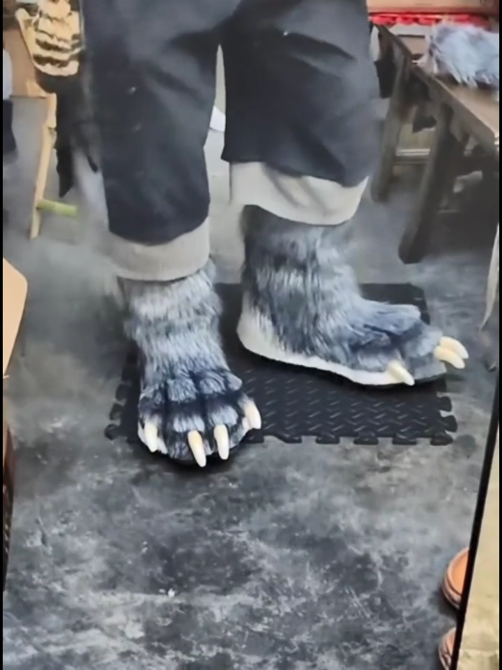 Realistic gray wolf paw feet, flat paw design, fursuit, furry, with white claws and white paw pads. Can be customized in different colors.