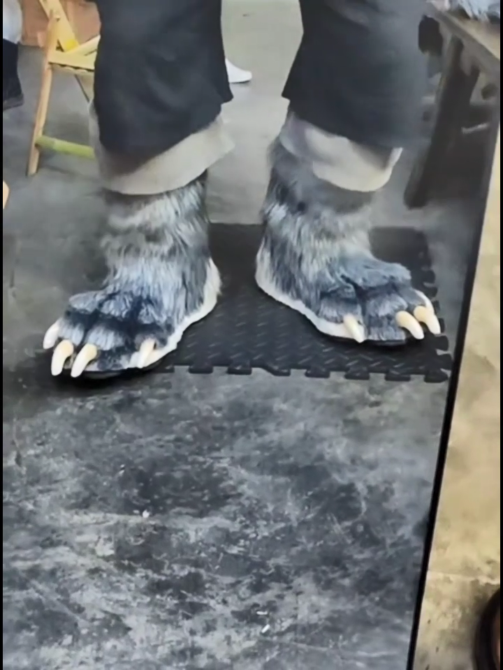 Realistic gray wolf paw feet, flat paw design, fursuit, furry, with white claws and white paw pads. Can be customized in different colors.