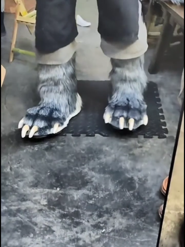 Realistic gray wolf paw feet, flat paw design, fursuit, furry, with white claws and white paw pads. Can be customized in different colors.