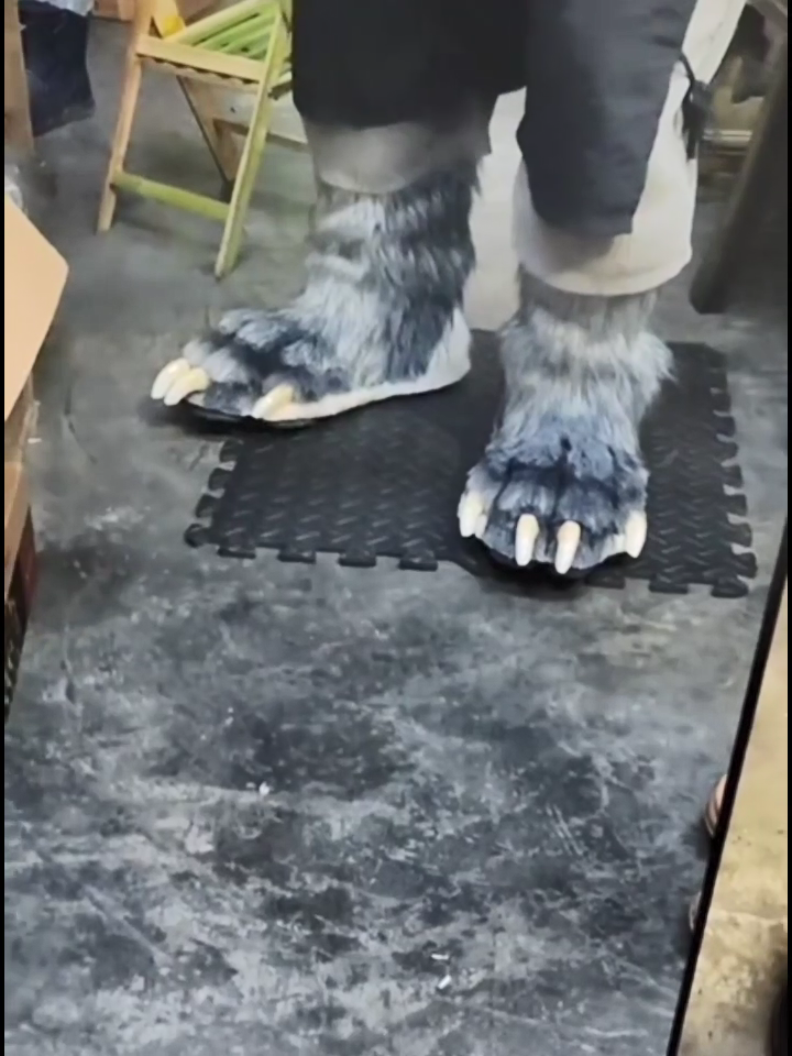 Realistic gray wolf paw feet, flat paw design, fursuit, furry, with white claws and white paw pads. Can be customized in different colors.