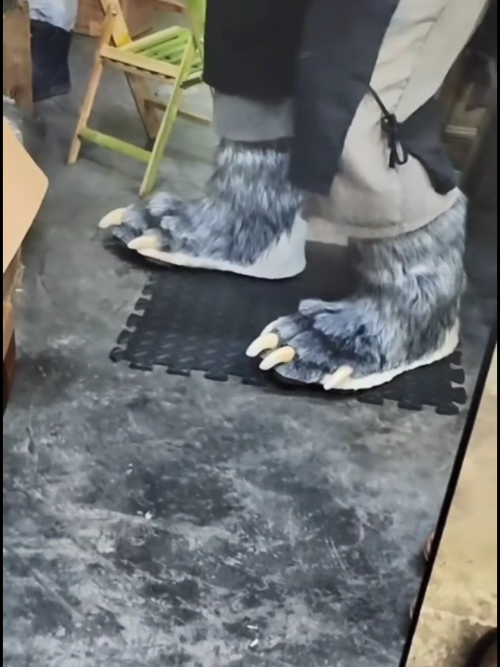 Realistic gray wolf paw feet, flat paw design, fursuit, furry, with white claws and white paw pads. Can be customized in different colors.