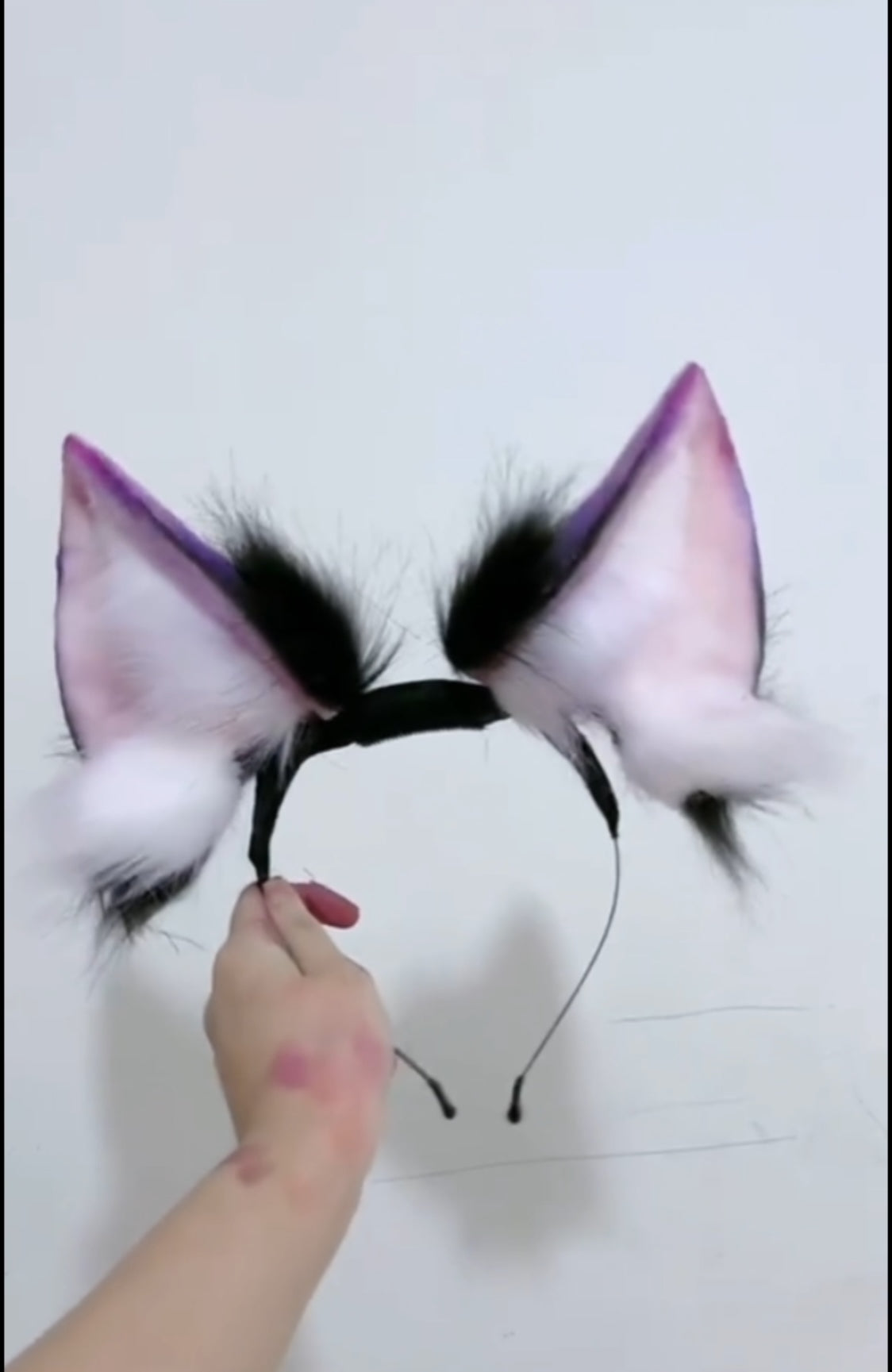 outer ear black, inner ear white and purple. Electric fursuit ears, customizations accepted