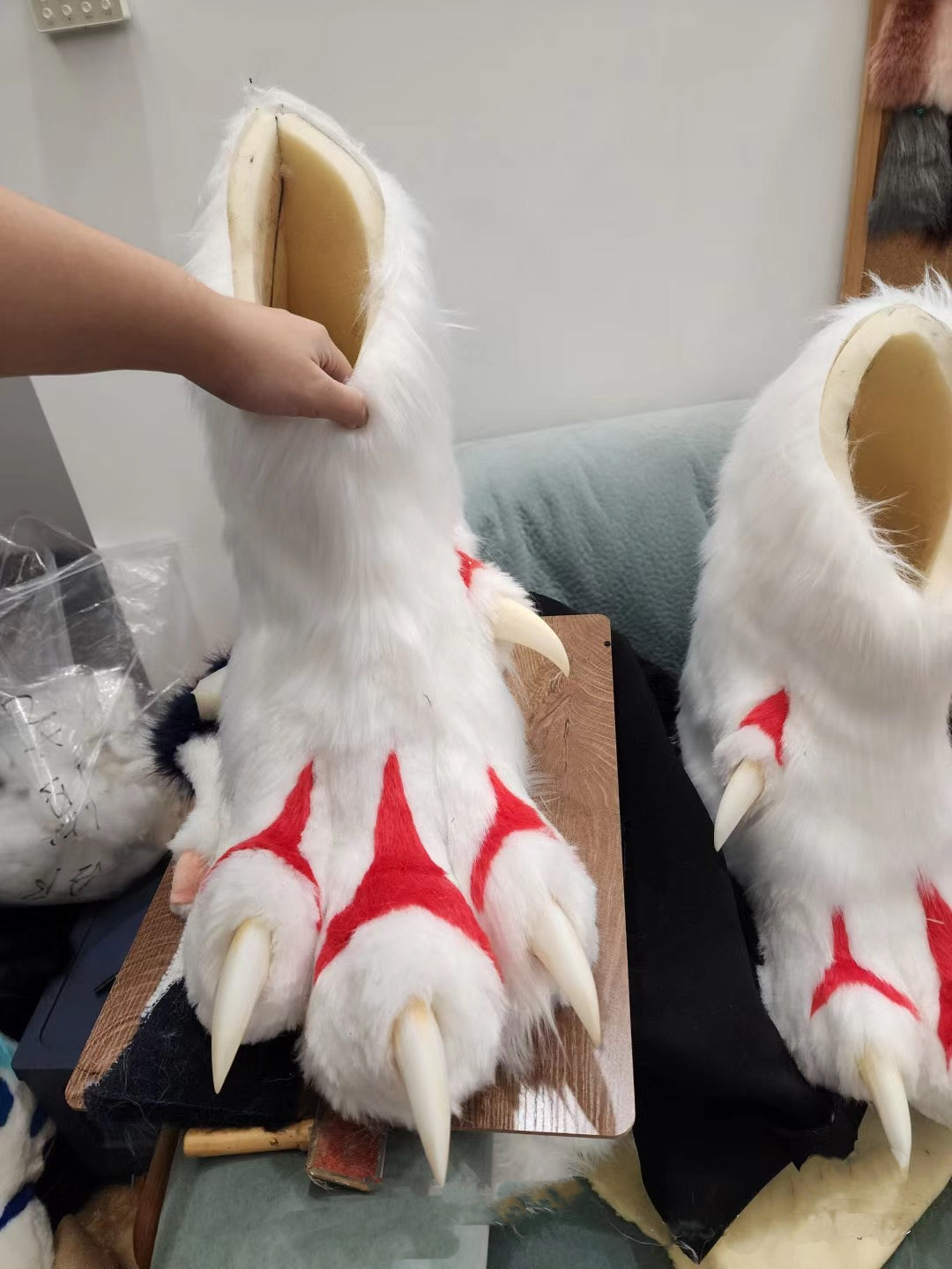 white and red claws and white nails fursuit pawshoes available for custom orders