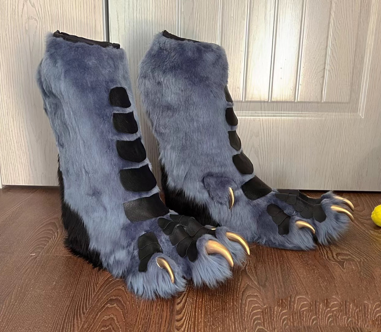 Blue-gray fur fabric, leather paws, custom furry fursuit, realistic fursuit