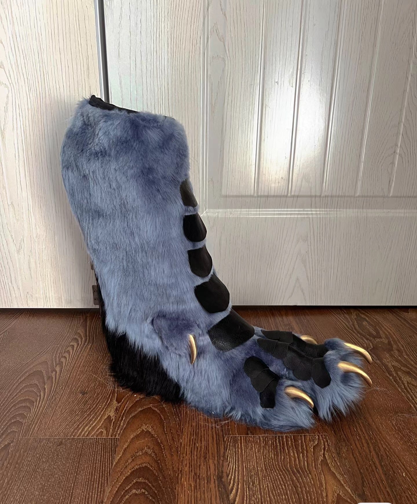 Blue-gray fur fabric, leather paws, custom furry fursuit, realistic fursuit