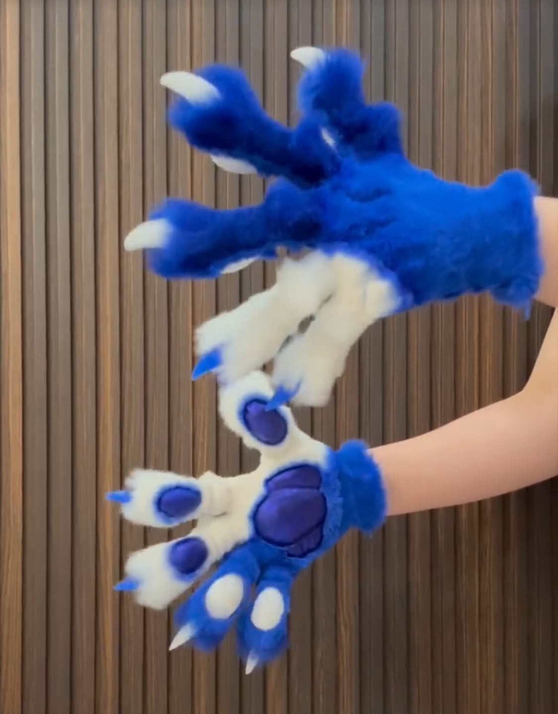 Blue and white two-tone fursuit paws, customizable colors, furry gloves