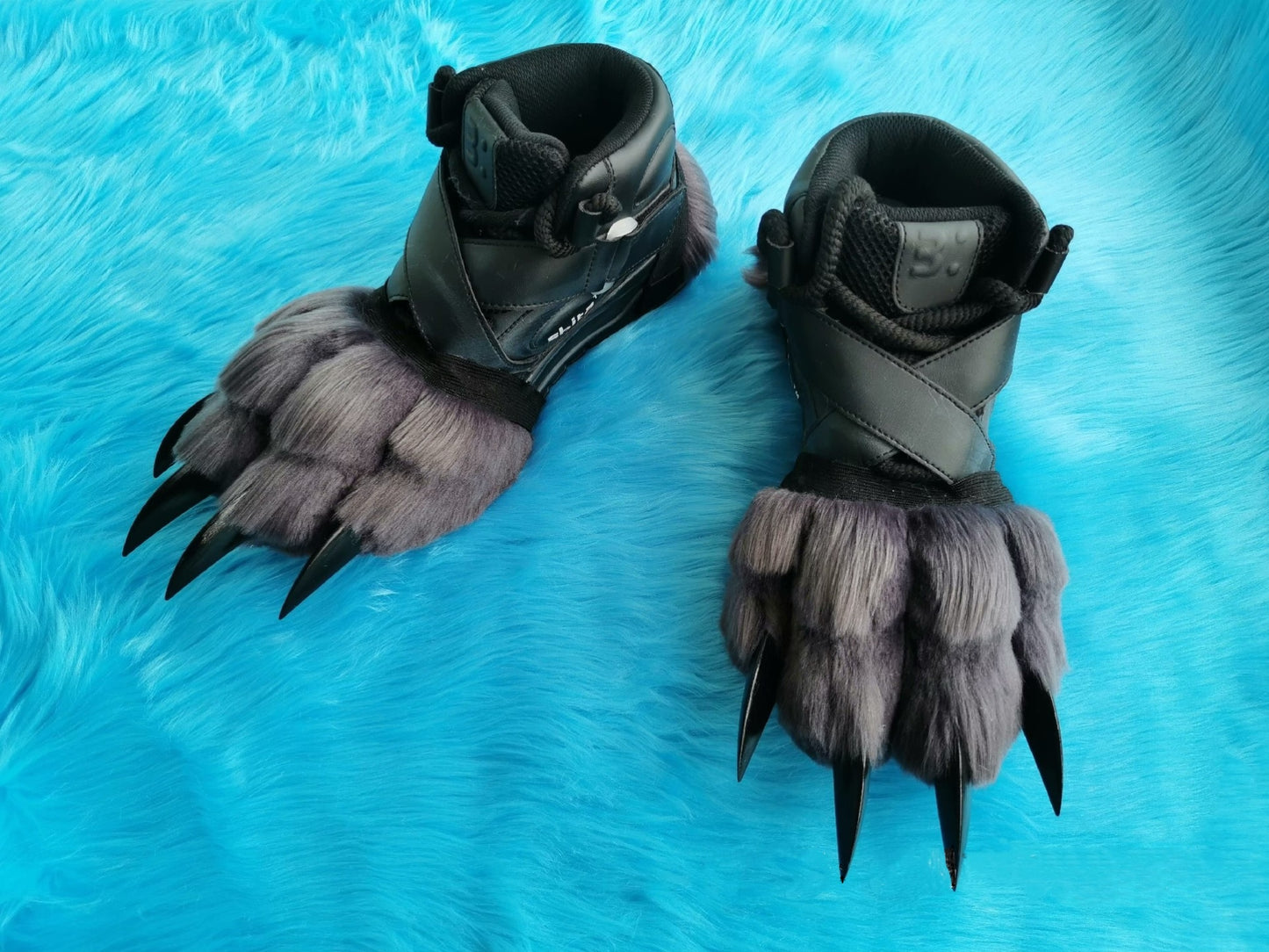 Black sneakers with gray claws and black nails fursuit pawshoes available for custom orders