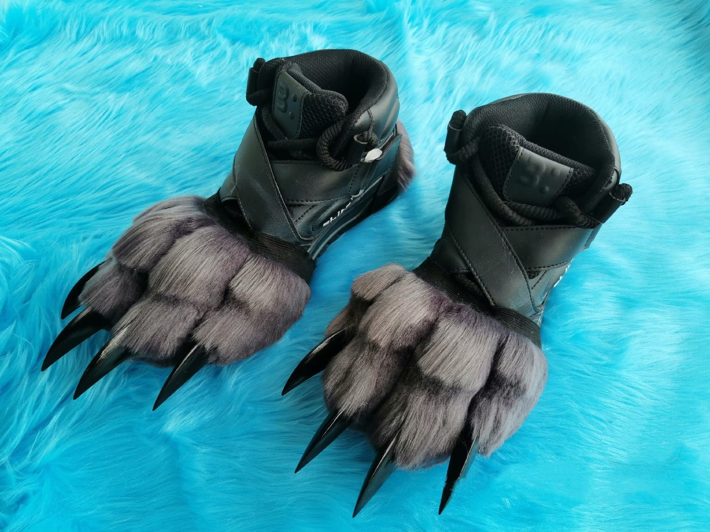 Black sneakers with gray claws and black nails fursuit pawshoes available for custom orders