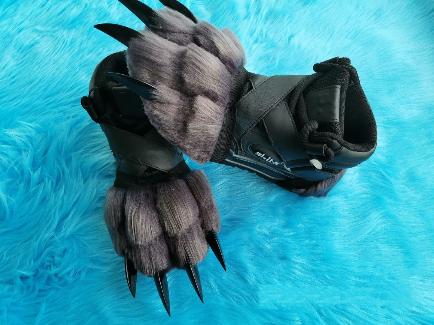 Black sneakers with gray claws and black nails fursuit pawshoes available for custom orders