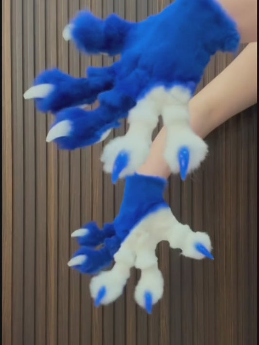 Blue and white two-tone fursuit paws, customizable colors, furry gloves