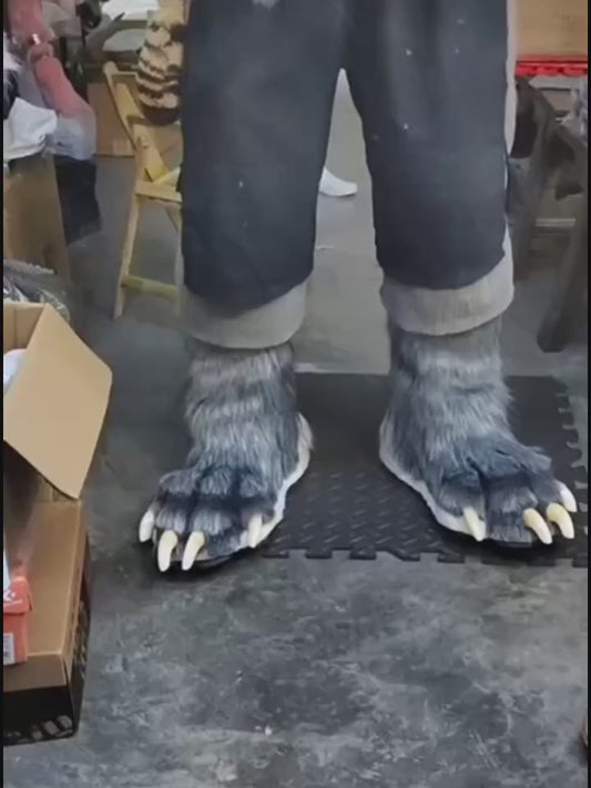 Realistic gray wolf paw feet, flat paw design, fursuit, furry, with white claws and white paw pads. Can be customized in different colors.