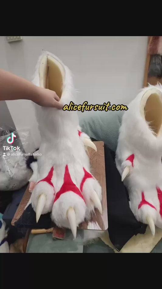 white and red claws and white nails fursuit pawshoes available for custom orders